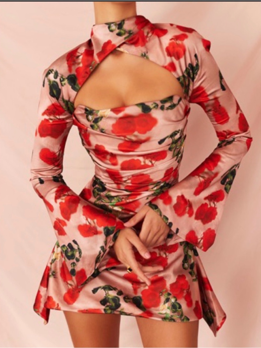 House of CB Asymmetrical Floral Dress in Red and Green
